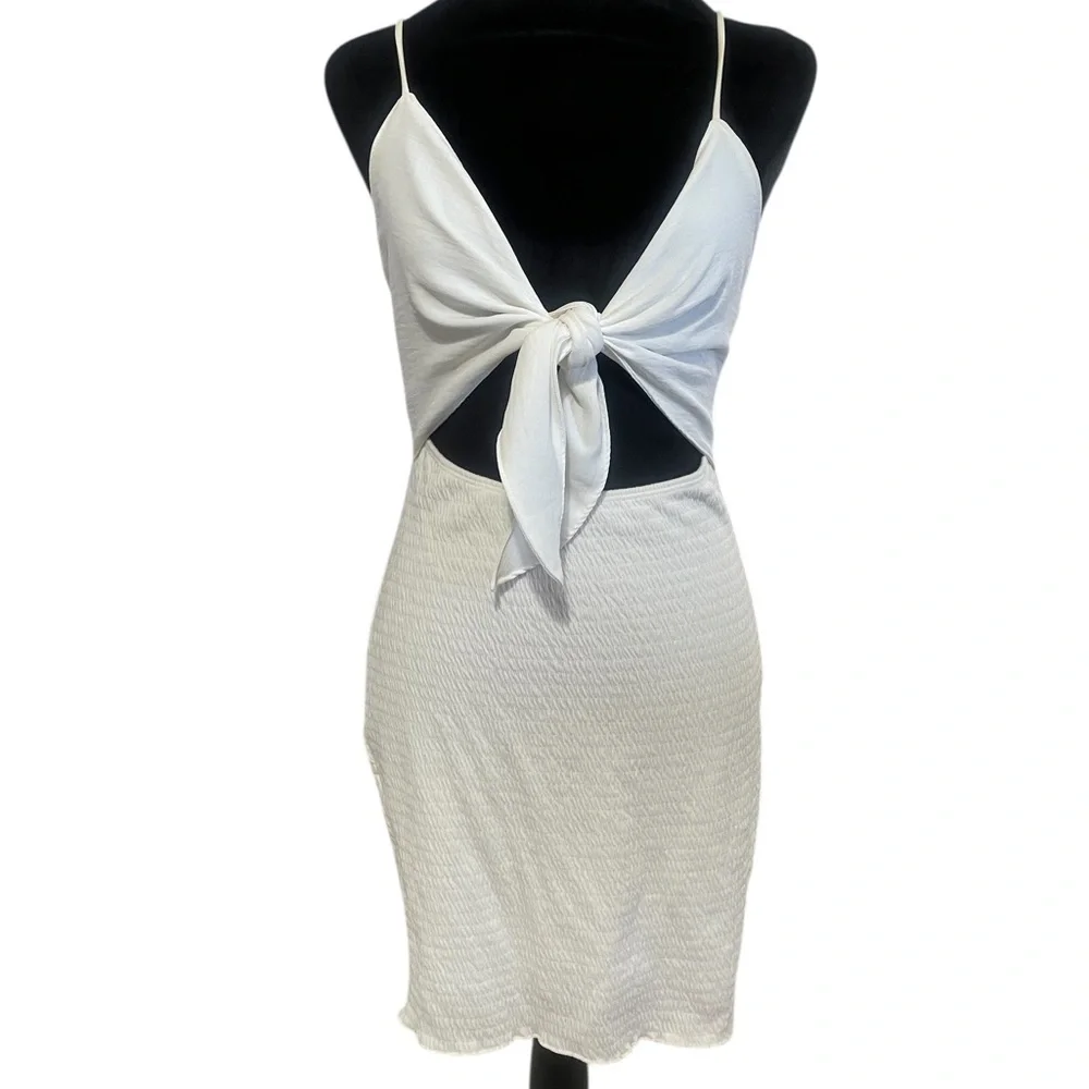 White spaghetti strap mini dress, tie, front,cut out,Large - Picture 8 of 8